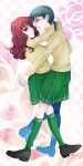  2girls black_footwear brown_eyes brown_hair enomoto_yuiko glasses green_hair green_skirt green_socks hug kafuyutns kneehighs long_hair long_sleeves love_lab mizushima_sayori multiple_girls short_twintails skirt socks standing twintails yuri 