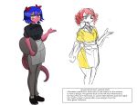  anthro apron blue_hair bow_accessory catherine_(video_game) cavemanon clothed clothing concept_art duo english_text female hair hi_res humanoid long_tail looking_at_viewer pink_body red_hair reptile scalie short_hair simple_background sketch snoot_game_(fan_game) standing text video_games waiter waiter_tray waitress_uniform white_background 