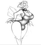  2020 anthro avian beak big_breasts black_and_white breasts bulge cleavage clothed clothing collar dracojeff feathers gynomorph intersex looking_down monochrome one-piece_swimsuit open_mouth simple_background sketch solo standing swimwear tail_feathers thick_thighs tight_clothing white_background 