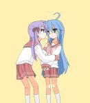  2girls blue_eyes blue_hair blush closed_mouth hiiragi_kagami izumi_konata konokawa long_hair lucky_star mole mole_under_eye multiple_girls purple_hair red_ribbon red_sailor_collar red_skirt ribbon sailor_collar school_uniform size_difference skirt socks white_socks yellow_background yuri 