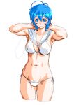  1girl ahoge armpits arms_behind_head arms_up bikini blue_eyes blue_hair covered_nipples front-tie_bikini_top front-tie_top looking_at_viewer navel qkat_(arikawa-dou) short_hair side-tie_bikini_bottom simple_background solo super_real_mahjong swimsuit white_background white_bikini yuu_(super_real_mahjong) 