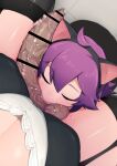  2girls animal_ears black_thighhighs breasts cat_ears closed_eyes erection fake_animal_ears foreskin from_above futanari futanari_pov garter_straps handjob highres kusonikumarukun large_breasts large_penis licking licking_testicle multiple_girls oral original penis phimosis pov precum purple_hair testicle_sucking testicles thighhighs translation_request 