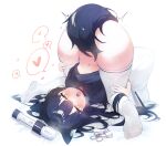  1girl absurdres animal_ears black_hair breasts choker heart highres hitachi_magic_wand looking_at_viewer lying on_back open_mouth pillow saliva sen_light sex_toy small_breasts spoken_heart tail thighhighs tongue tongue_out top-down_bottom-up vibrator white_thighhighs yellow_eyes 