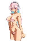  1girl arms_behind_back breasts cleavage groin headphones long_hair medium_breasts multicolored_hair navel nipples nitroplus nude pink_eyes pink_hair pubic_hair qkat_(arikawa-dou) sideboob simple_background smile solo super_sonico tan tanlines two-tone_hair white_background 