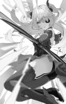  1girl ass asymmetrical_legwear ataru_(cha2batake) bangs bow_(weapon) detached_sleeves dress eyepatch firing fischl_(genshin_impact) garter_straps genshin_impact gloves greyscale hair_between_eyes hair_ribbon highres holding holding_bow_(weapon) holding_weapon long_hair looking_at_viewer monochrome parted_lips ribbon shorts simple_background single_garter_strap single_leg_pantyhose single_thighhigh solo thighhighs two_side_up very_long_hair weapon 