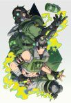  2boys \n/ animification apex_legends apex_legends_mobile black_headwear cable caustic_(apex_legends) colored_smoke cropped_vest double_\n/ gas_mask goggles green_jacket green_vest grey_shorts hair_behind_ear hair_slicked_back highres holding holding_syringe jacket jbo looking_up male_focus mask mechanical_legs midriff multiple_boys navel octane_(apex_legends) official_alternate_costume shorts smoke syringe vermin_control_caustic vest 