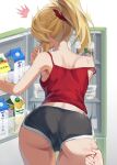  1girl 1other ^^^ ass ass_grab ass_pinch back bare_shoulders blonde_hair braid breasts camisole carton dolphin_shorts fate/apocrypha fate_(series) french_braid from_behind grey_shorts hair_ornament hair_scrunchie highres juice_box leaning_forward long_hair midriff_peek milk_carton mordred_(fate) mordred_(fate/apocrypha) off_shoulder pinching ponytail pov pov_hands red_camisole refrigerator revision scrunchie short_shorts shorts shoulder_blades sidelocks simple_background small_breasts solo_focus spasm strap_gap surprised tonee underbutt white_background 