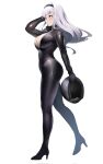  1girl adjusting_hair biker_clothes bikesuit bodysuit breasts character_request cleavage copyright_request full_body grey_hair hairband helmet high_heels highres ka941 large_breasts long_hair pale_skin simple_background skin_tight solo walking white_background wind 