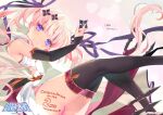 1girl alicesoft anniversary black_gloves body_writing character_request elbow_gloves escalation_heroines gloves hair_ribbon japanese_clothes ninja official_art orion_(orionproject) pink_hair purple_eyes red_scarf ribbon scarf shuriken smile thighhighs twintails weapon 