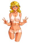  1girl blonde_hair breasts christine_garland double_v green_eyes large_breasts long_hair looking_at_viewer navel nipples nude pubic_hair qkat_(arikawa-dou) simple_background smile solo super_real_mahjong tan tanlines teeth v white_background 