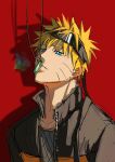  1boy abanovo blonde_hair blue_eyes collar facial_mark hair_between_eyes highres jacket konohagakure_symbol naruto_(series) naruto_shippuuden ninja open_clothes open_jacket red_background shadow simple_background solo uzumaki_naruto whisker_markings 