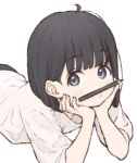  1girl 1ssakawaguchi ahoge arm_support black_hair blue_eyes blush bob_cut hair_behind_ear head_rest looking_at_viewer lying on_stomach original pencil pencil_mustache shirt short_hair solo t-shirt upper_body white_background 