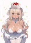  1girl :d bangs blonde_hair blush breasts cake character_request cleavage copyright_request dark-skinned_female dark_skin eyebrows_hidden_by_hair food highres jewelry kim_hyung_tae large_breasts long_hair looking_at_viewer necklace open_mouth pantyhose smile white_pantyhose yellow_eyes 