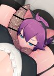  2girls animal_ears black_thighhighs breasts cat_ears erection fake_animal_ears foreskin from_above futanari futanari_pov garter_straps highres kusonikumarukun large_breasts large_penis licking licking_testicle multiple_girls oral original penis phimosis pov purple_hair testicle_sucking testicles thighhighs translation_request 