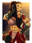  1girl abs animification arm_tattoo breasts brigitte_(overwatch) brown_hair gloves highres large_breasts long_hair looking_to_the_side muscular muscular_female overwatch ponytail pouch solo sparkeyjinjin suspenders sweat tattoo 