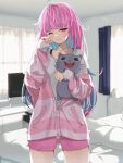  1girl ahoge bangs bedroom blue_hair blunt_bangs colored_inner_hair highres hololive indoors jacket long_hair long_sleeves loungewear messy_hair minato_aqua multicolored_clothes multicolored_hair multicolored_jacket neko_(minato_aqua) norio_(noriosub) pink_jacket purple_eyes purple_hair rubbing_eyes shorts streaked_hair striped striped_jacket two-tone_hair two-tone_jacket virtual_youtuber waking_up 