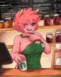  1girl apron ashido_mina boku_no_hero_academia breasts character_name colored_skin dashi highres horns indoors jar naked_apron one_eye_closed open_mouth pink_hair pink_skin solo starbucks teeth 