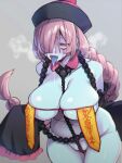  1girl bangs bare_shoulders black_sleeves blue_tongue braid breasts breath brown_hair character_request colored_tongue copyright_request detached_collar detached_sleeves grey_background grey_eyes hair_over_one_eye hat highres jiangshi large_breasts long_hair looking_at_viewer navel open_mouth saliva shindou_(fuguri) simple_background sleeves_past_fingers sleeves_past_wrists solo standing stomach tongue tongue_out twin_braids wide_sleeves 
