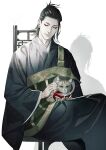  1boy black_hair black_kimono cat chair closed_eyes closed_mouth cowboy_shot ear_piercing getou_suguru highres japanese_clothes jujutsu_kaisen kimono long_hair long_sleeves male_focus pet_cone piercing sitting solo w55674570w white_background wide_sleeves 