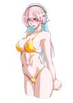  1girl arms_behind_back bikini breasts headphones long_hair multicolored_hair navel nitroplus orange_bikini pink_eyes pink_hair qkat_(arikawa-dou) sideboob simple_background solo super_sonico swimsuit two-tone_hair white_background 