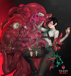  1boy belt black_hair black_pants blush extra_eyes forced green_eyes licking long_tongue monster original otoko_no_ko pants shoes slime_(substance) tentacles tentacles_on_male tentacles_under_clothes thigh_belt thigh_strap tongue toxxy 
