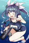  1girl bangs barefoot blue_hair blue_one-piece_swimsuit blush breasts commentary_request fang hair_ribbon highres i-19_(kancolle) index_finger_raised kantai_collection large_breasts long_hair looking_at_viewer mizuki_kyou name_tag one-piece_swimsuit one_eye_closed open_mouth purple_hair ribbon school_swimsuit sketch solo swimsuit torpedo tri_tails underwater water 