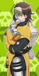  1girl animification apex_legends black_bodysuit bodysuit breasts brown_hair canister caustic_(apex_legends) crossed_arms freckles from_side gas_mask genderswap genderswap_(mtf) gloves goggles green_eyes hazmat_suit highres jbo mask medium_breasts medium_hair solo yellow_gloves 