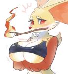  akibun anthro big_breasts blush bra breasts canid canine cleavage clothed clothing crossed_arms delphox fangs female fire fox generation_6_pokemon mammal nintendo pokemon pokemon_(species) red_eyes solo topwear under_boob underwear video_games 
