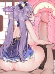  1boy 1girl ahegao ass black_thighhighs breasts censored cone_hair_bun cross-section cum cum_on_body double_bun from_behind genshin_impact girl_on_top hair_bun hair_ornament heart highres keqing_(genshin_impact) large_breasts long_hair mosaic_censoring motion_lines nipples penis pink_eyes purple_hair reverse_amazon_position sex solo_focus sweat thighhighs twintails waterring 