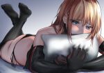  1girl absurdres ass bangs bismarck_(kancolle) black_panties black_thighhighs blonde_hair blue_eyes blush commission elbow_gloves gloves hair_between_eyes highres kantai_collection long_hair looking_at_viewer lying object_hug on_stomach panties pillow pillow_hug side-tie_panties simple_background sing152 skeb_commission sleeveless solo thighhighs underwear 