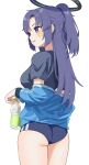  1girl absurdres ass blue_archive blue_buruma blue_jacket bottle breasts buruma gym_uniform halo highres holding holding_bottle jacket jacket_partially_removed kurikurioekaki large_breasts looking_back official_alternate_costume ponytail purple_eyes purple_hair simple_background sportswear star_sticker sticker_on_face track_jacket water_bottle yuuka_(blue_archive) yuuka_(gym_uniform)_(blue_archive) 