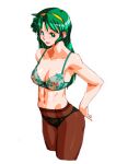  1girl black_pantyhose bra green_bra green_eyes green_hair green_panties hairband long_hair navel nipples open_mouth panties panties_under_pantyhose pantyhose qkat_(arikawa-dou) shoko_(super_real_mahjong) simple_background solo super_real_mahjong underwear white_background yellow_hairband 