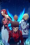  1girl 3boys blonde_hair brown_eyes brown_hair closed_eyes closed_mouth colette_brunel dress echo_(circa) gloves kratos_aurion lloyd_irving long_hair multiple_boys pantyhose red_hair red_shirt shirt smile tales_of_(series) tales_of_symphonia wings zelos_wilder 