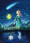  1girl absurdres aged_down blonde_hair blue_dress blue_eyes comet crown different_reflection dress flower highres letamarindlover looking_at_another luma_(mario) mario_(series) night night_sky reflection rosalina shooting_star sky smile star_(sky) starry_sky super_mario_galaxy time_paradox wand 