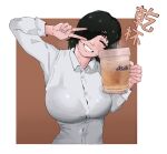  1girl alcohol beer beer_mug black_hair bra_visible_through_clothes breasts brown_background chainsaw_man collared_shirt cup eyepatch facing_viewer highres himeno_(chainsaw_man) holding holding_cup large_breasts mug shirt short_hair simple_background smile solo sunzo05 sweat two-tone_background v white_background white_shirt 