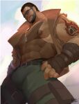  bara barret_wallace beard black_tank_top commission dark_skin dog_tags facial_hair final_fantasy final_fantasy_vii green_pants highres jacket large_pectorals muscular muscular_male open_clothes open_jacket pants pectorals sidepec sunglasses tank_top tattoo 