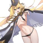  1girl armpits ass_visible_through_thighs bangs black_panties blonde_hair blunt_bangs breasts bridal_gauntlets chain counter:side groin hat highres long_hair looking_at_viewer luna_(counter:side) navel omgwtfyawp open_mouth panties reaching_towards_viewer small_breasts solo twintails underwear white_background 
