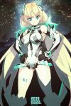  1girl angela_balzac aqua_eyes bangs bare_shoulders blonde_hair breasts closed_mouth covered_navel dated deva_battle_suit elbow_gloves fujimoto_hideaki gloves hand_on_hip headgear leotard long_hair looking_at_viewer rakuen_tsuihou sleeveless smile solo star_(sky) very_long_hair 