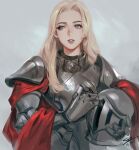  1girl armor bangs blonde_hair breastplate gradient gradient_background grey_background grey_eyes headwear_removed helmet helmet_removed highres holding holding_helmet long_hair original parted_lips shiny shiny_hair shiny_skin shoulder_plates solo steve_zheng teeth upper_body 