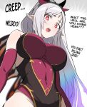  1girl bags_under_eyes bangs bare_shoulders breasts butterfly_wings crown_of_thorns elbow_gloves english_text facial_mark fire_emblem fire_emblem_heroes forehead_mark from_below gloves grey_hair highres large_breasts leotard long_hair multicolored_hair multicolored_wings open_mouth parted_bangs plant_hair plumeria_(fire_emblem) pointy_ears ponytail purple_hair red_eyes red_gloves solo tavi_(hosheezus) teeth upper_teeth wings 