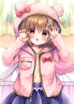  1girl :d animal_ears animal_hood arm_up bangs bear_ears bear_hood bed blue_bow blue_skirt blurry blurry_background blush bow brown_eyes brown_hair brown_shirt claw_pose commentary_request curtains depth_of_field fake_animal_ears fang hair_between_eyes hair_bow hand_up highres hood hood_up hooded_jacket indoors jacket kouta. long_sleeves looking_at_viewer notice_lines original pillow pink_jacket pleated_skirt red_bow shirt skirt sleeves_past_wrists smile solo sparkle 