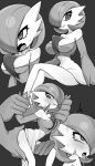  1girl ^^^ ahegao arched_back ass_grab bangs bare_shoulders biting blush bob_cut breasts collarbone commentary crossed_legs dress drooling embarrassed english_commentary fang from_side gardevoir grey_background greyscale groping hair_over_one_eye hands_up happy highres holding_another&#039;s_arm jorin large_breasts leaning_forward legs lip_biting looking_to_the_side looking_up medium_breasts minigirl monochrome multiple_views nervous off-shoulder_dress off_shoulder one_eye_covered open_mouth pokemon pokemon_(creature) restrained rolling_eyes saliva shiny shiny_skin short_hair simple_background sitting skindentation smile standing sweat tears thighs tongue tongue_out 