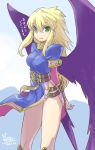  1girl blonde_hair breasts breath_of_fire breath_of_fire_ii dated dress feathered_wings green_eyes highres long_hair looking_at_viewer nina_(breath_of_fire_ii) open_mouth oyster_(artist) purple_wings side_slit smile solo wings 