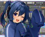  1girl :d blue_eyes blue_hair blue_jacket ene_(kagerou_project) facial_mark glitch headphones highres jacket kagerou_project looking_at_viewer one_eye_closed open_mouth sleeves_past_fingers sleeves_past_wrists smile solo tananuki track_jacket twintails window_(computing) 