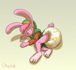  2021 absurd_res anthro chaptude clothing diaper diaper_fetish fur grumpy hat headgear headwear hi_res link_(rabbit_form) lying male nintendo pink_body pink_fur simple_background solo the_legend_of_zelda tunic video_games 