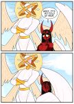  &lt;3 &lt;3_eyes angel biblically_accurate_angel big_breasts blush breasts clothed clothing comic demon dialogue duo embrace female female_(lore) flat_chested halo hi_res horn hug idolomantises lili_(idolomantises) multi_eye not_furry red_body red_skin romantic romantic_couple sera_(idolomantises) skimpy sky succubus two_panel_image white_body white_skin wings 