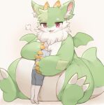  2022 ambiguous_gender animate_inanimate anthro belly belly_squish big_belly blush cheek_tuft claws cuddling cute_fangs dragon duo emanata embrace erumeruta facial_tuft fluffy full-length_portrait fur green_body hi_res horn hug human inner_ear_fluff living_plushie mammal neck_tuft patch_(fabric) patchwork plushie portrait red_eyes sitting size_difference small_wings smile squish standing stitch_(sewing) thick_thighs tuft white_body white_fur wings 