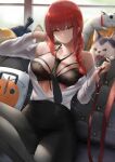  2boys 2girls animal bare_shoulders between_breasts black_bra black_necktie black_pants bra braid braided_ponytail breasts cat chainsaw_man closed_mouth couch cyicheng denji_(chainsaw_man) dog hair_over_shoulder hayakawa_aki holding holding_leash indoors leash makima_(chainsaw_man) medium_breasts meowy_(chainsaw_man) multiple_boys multiple_girls navel necktie necktie_between_breasts off_shoulder open_clothes open_shirt orange_eyes pants pochita_(chainsaw_man) power_(chainsaw_man) red_hair revision shirt shirt_tucked_in sitting smile solo_focus underwear white_shirt window 