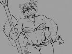  2021 4:3 anthro bottomwear canid canine clothed clothing clothing_lift dracojeff eyebrow_through_hair eyebrows female fox genitals grey_background greyscale hair happy holding_object holding_staff jewelry krystal krystal&#039;s_staff loincloth loincloth_lift looking_down mammal monochrome muscular muscular_anthro muscular_female navel necklace nintendo open_mouth pussy simple_background sketch solo staff standing star_fox translucent translucent_hair video_games 