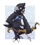 2022 anklet anthro arrow_(weapon) avian beak bird black_body black_feathers blue_eyes breath_of_the_wild clothed clothing emblem eyelashes feathers female hi_res jewelry legband necklace nintendo ranged_weapon rito signature simple_background snow_pounder_(artist) solo spiked_anklet spiked_legband spikes tail_feathers talons the_legend_of_zelda thick_thighs video_games weapon winged_arms wings 